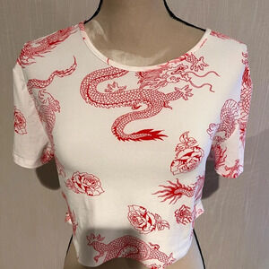 White and red dragon/rose crop top size XL